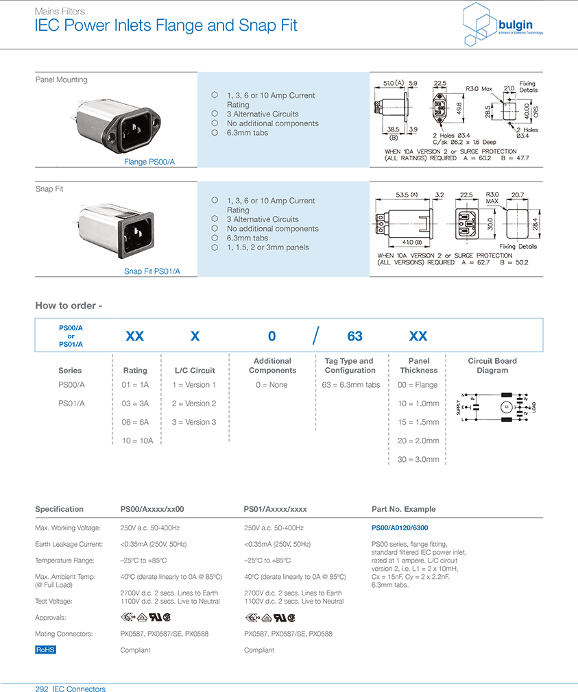 PS00-A带滤波器的 IEC 电源接入口选型