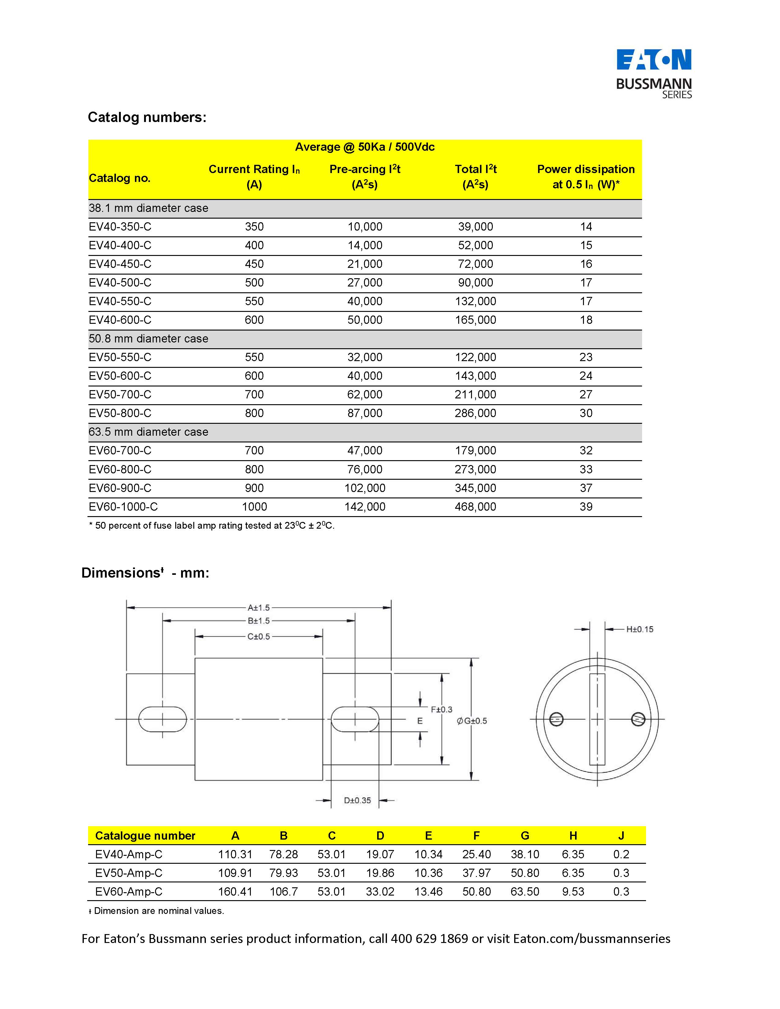 EV50电动汽车专用熔断器 型号 尺寸