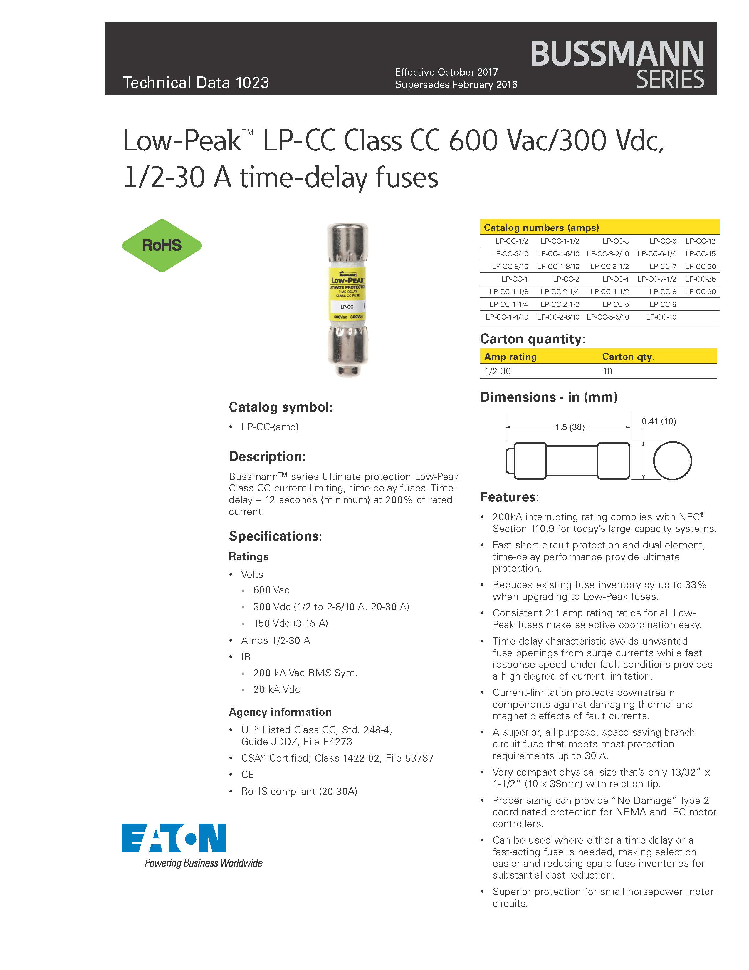 LP-CC系列10*38延时熔断器参数