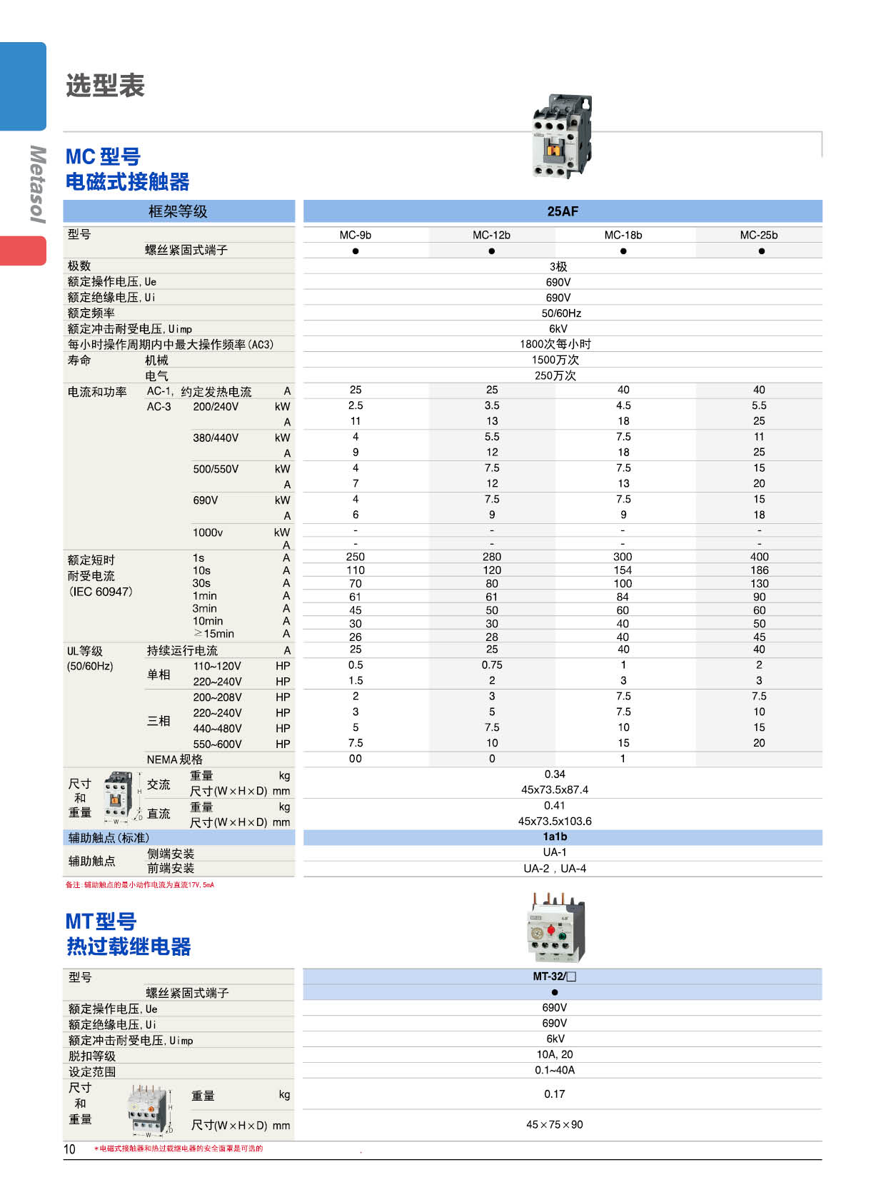 MC系列接触器选型表