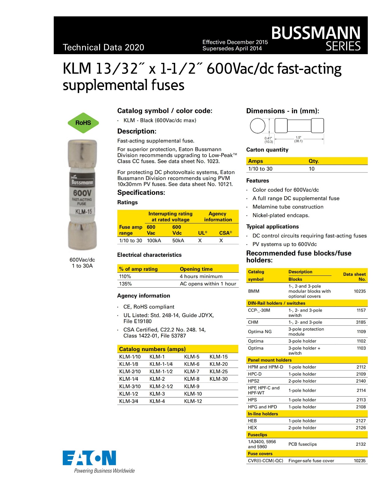 KLM系列熔断器选型参数