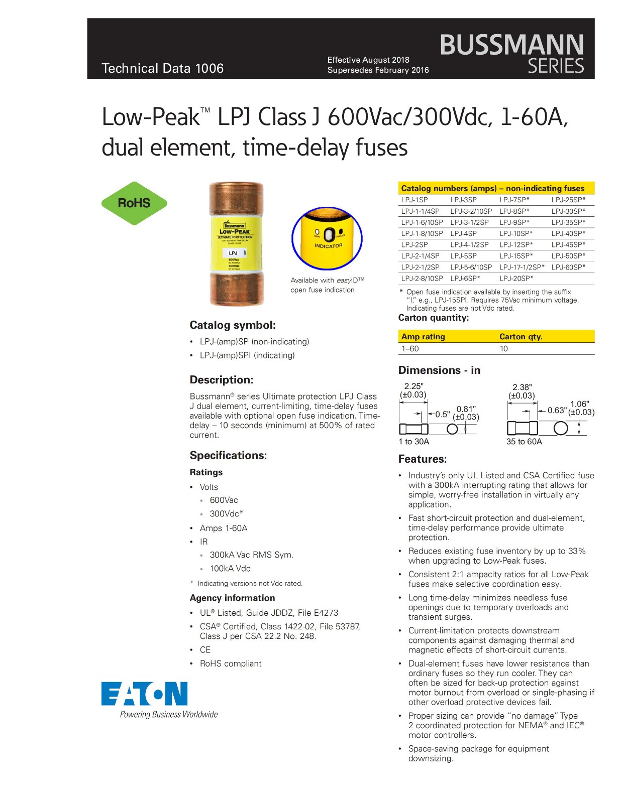 LPJ系列美标熔断器选型