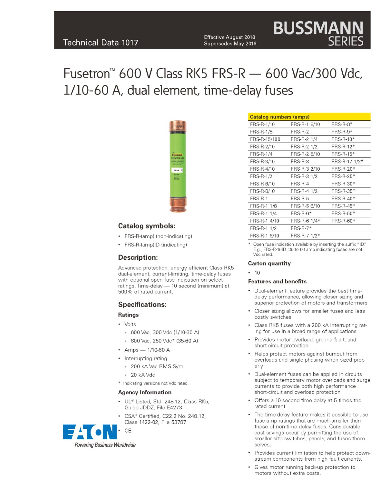 FRS-R系列熔断器选型