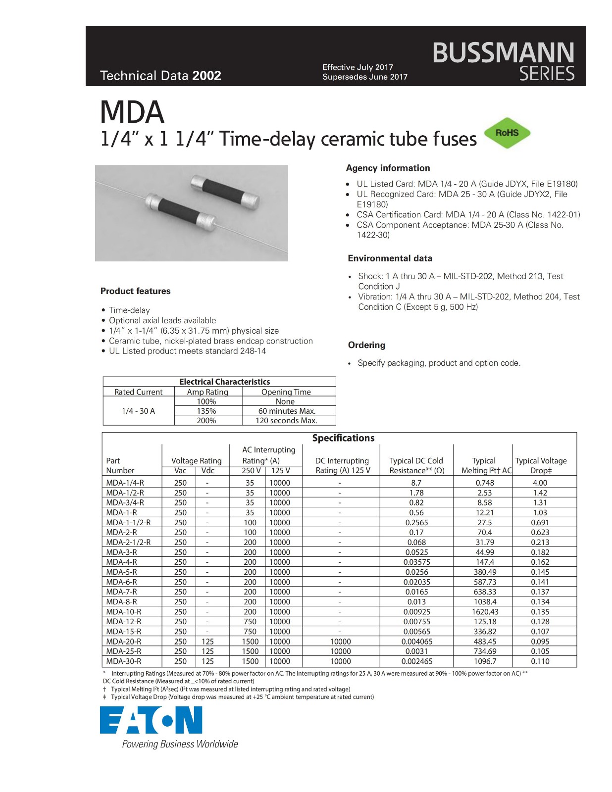 MDA系列延时保险管参数